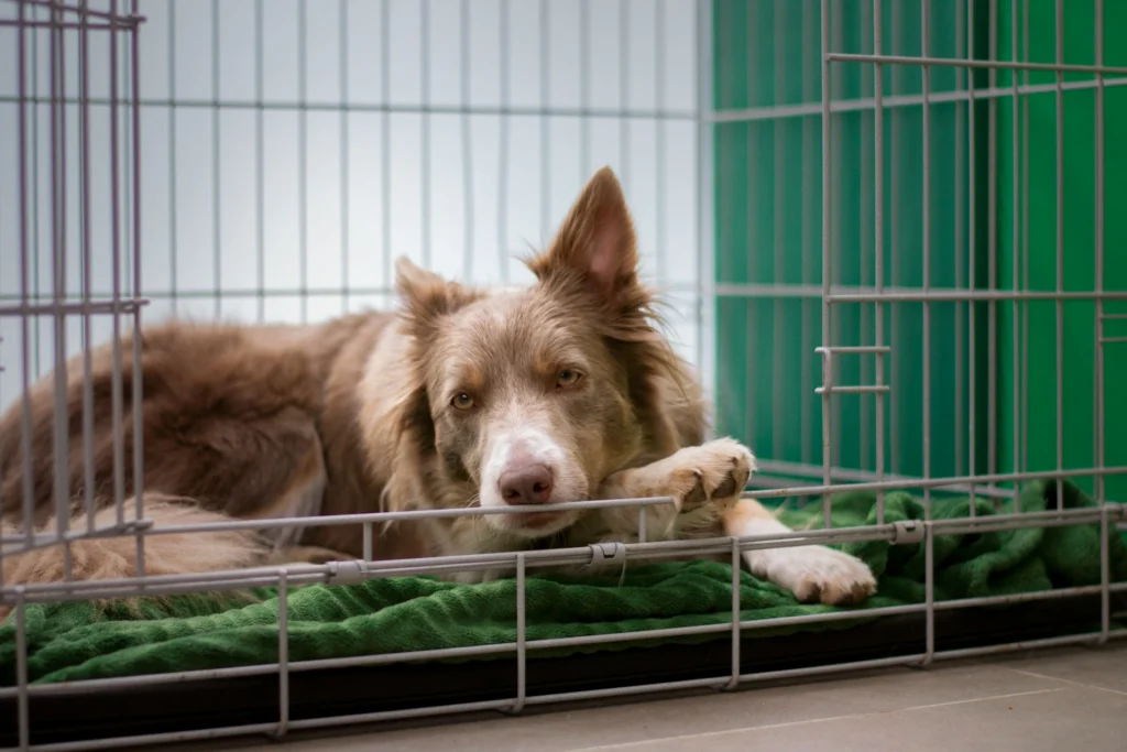 Brown dog in crate